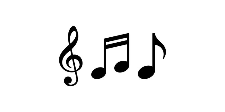 Classical music notation symbols in black including treble clef and eighth notes for artistic creative projects.