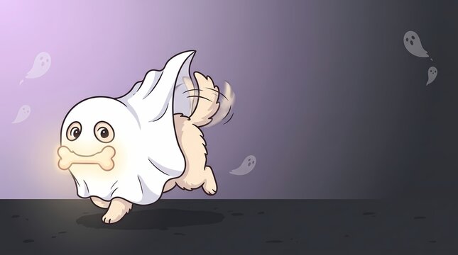 Puppy in ghost costume running with glowing bone in mouth