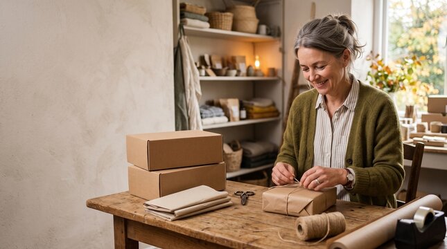 Independent shop owner preparing a wrapped parcel at a packing bench