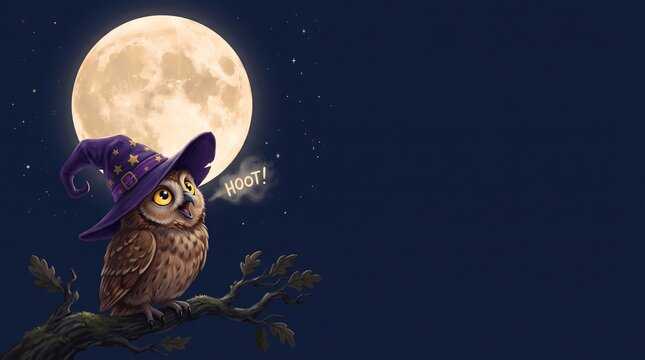 Owl in Purple Wizard Hat Hooting on Oak Branch Under Full Moon