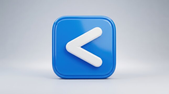 3d render of a glossy blue square icon with a white less than symbol isolated on white background
