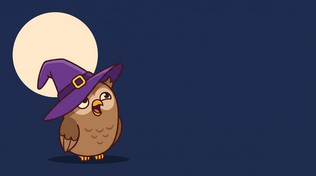 Cartoon Owl in Purple Witch Hat Looking Up at Full Moon
