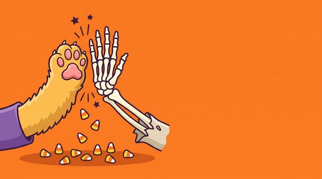 Cat Paw High Five Skeleton Hand with Falling Candy Corn Halloween