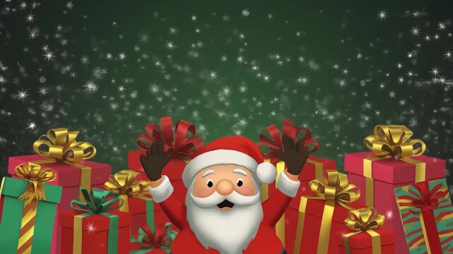 Santa Claus peeking over festive gifts during a snowy Christmas celebration with gentle motion
