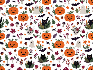 Fototapeta premium Seamless Halloween pattern with cute pumpkins ghosts and black cats in hand drawn flat vector style for festive wallpaper and textile design
