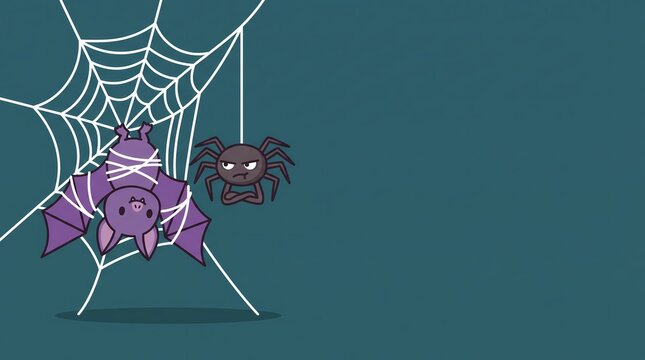Purple Bat Trapped in Spider Web Beside Grumpy Spider Halloween