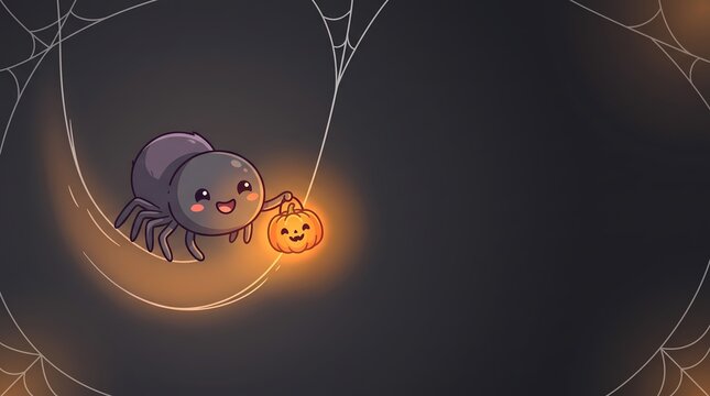 Smiling Spider Holding Glowing Pumpkin Lantern on Silk Thread