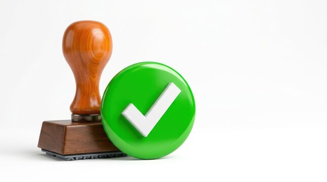 Wooden rubber stamp with green approved check mark icon isolated on white background