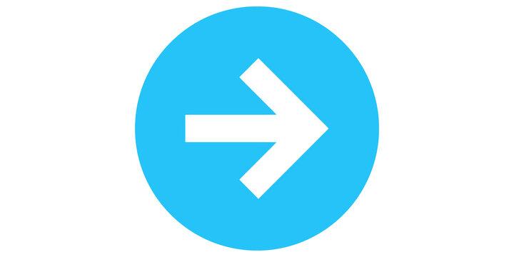 Right arrow icon with circle, blue forward symbol in circular button for navigation next sign.