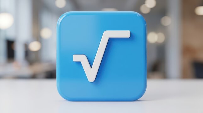 3d render of a blue square icon featuring a white square root mathematical symbol