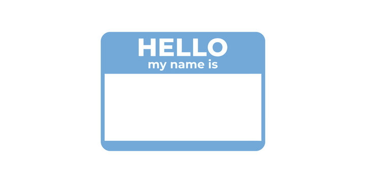 Hello my name is blank blue name tag with rounded corners for introduction and identification.