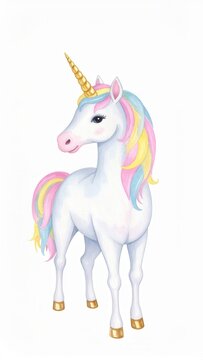Unicorn character fantasy animal watercolor illustration with rainbow mane and golden horn for children design isolated on white background