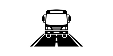 Front view of a black bus on road representing public transport and travel industry. © akash