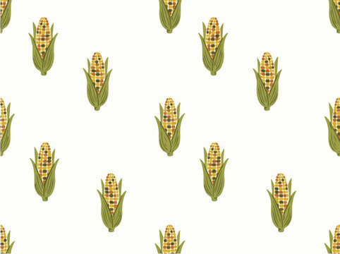 Seamless corn cob pattern with hand drawn vector style in earthy colors for organic food packaging and autumn background design