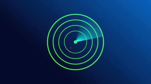 Futuristic Green Radar Scanning Interface with Concentric Rings, Cyan Sweeping Beam, and Target Markers on a Deep Blue Digital Background