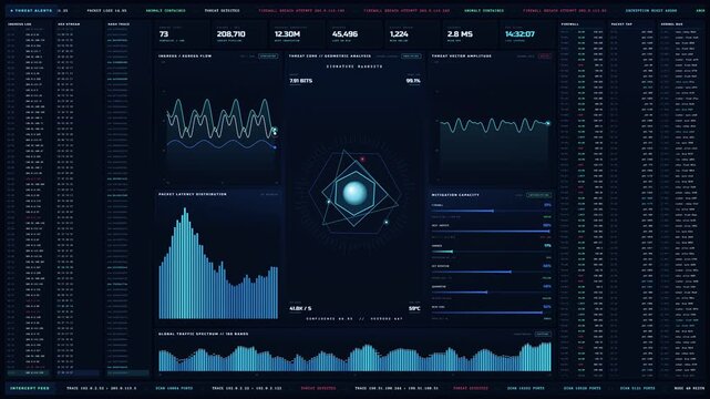 Futuristic cybersecurity dashboard interface with digital data charts