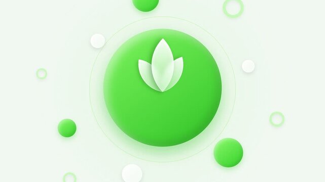 Abstract green circle with leaf symbol and floating orbs, clean and modern background.