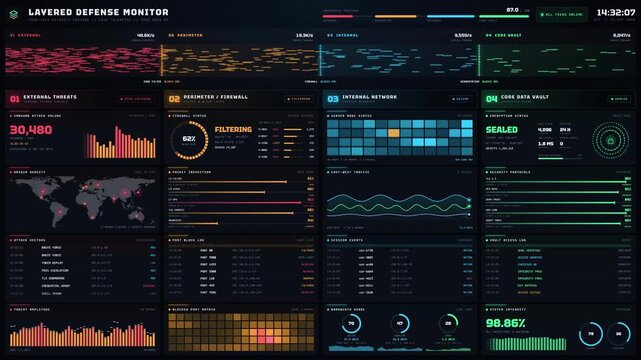 Cybersecurity dashboard interface with layered defense and network telemetry