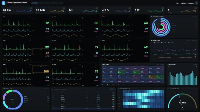 Clinical operations center dashboard with patient vitals and telemetry
