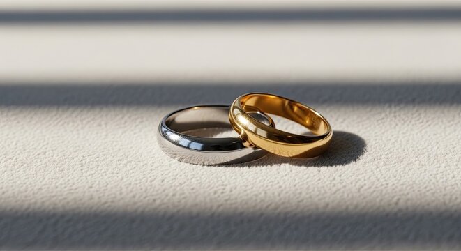 Two wedding rings rest on a textured, off-white surface. A gold ring sits beside a platinum ring, creating a contrast in color and shine.