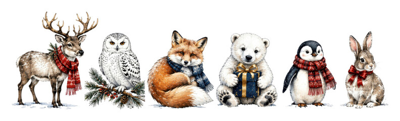 Fototapeta premium PNG Watercolor winter animal collection wearing festive scarves
