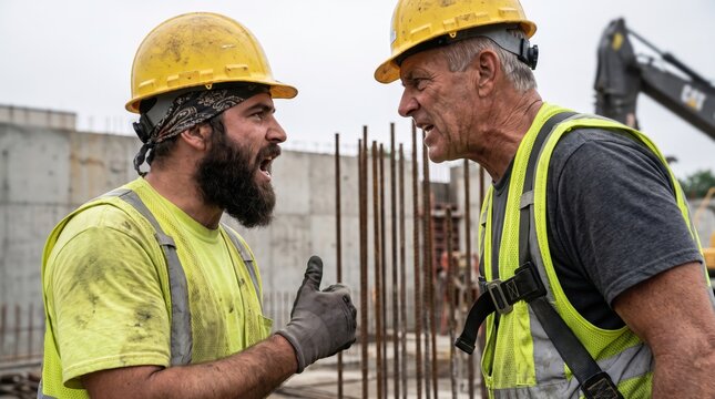 Serious confrontation between a site supervisor and a young laborer during ongoing heavy construction work.