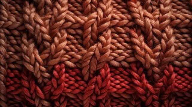 Warm woven textile pattern with repeating cable knit stitches in brown and red tones moving gently