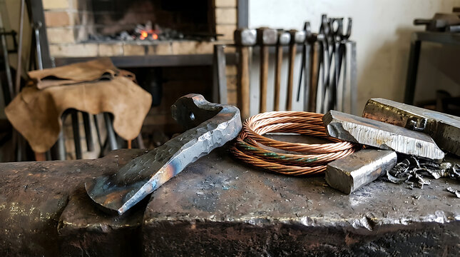 Heavy metal anvil holding forged iron tools, copper wire coils, and raw steel bars inside a workshop