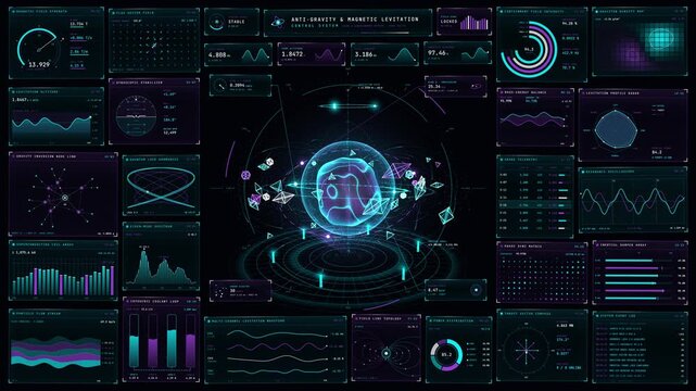 Futuristic HUD dashboard interface with holographic science data