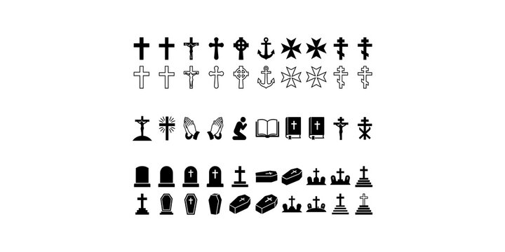 Religious black icons set vector design, including crosses, praying figures, bibles, coffins and gravestones.