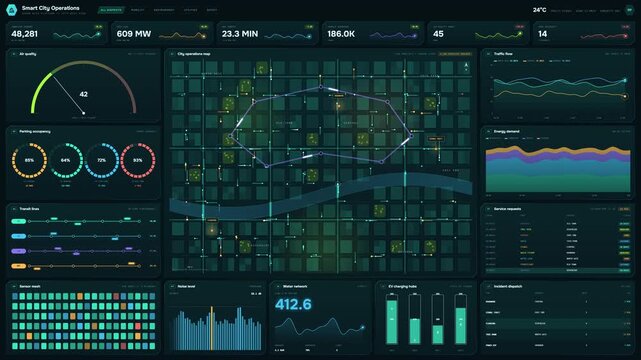 Smart city operations dashboard with map and data analytics interface