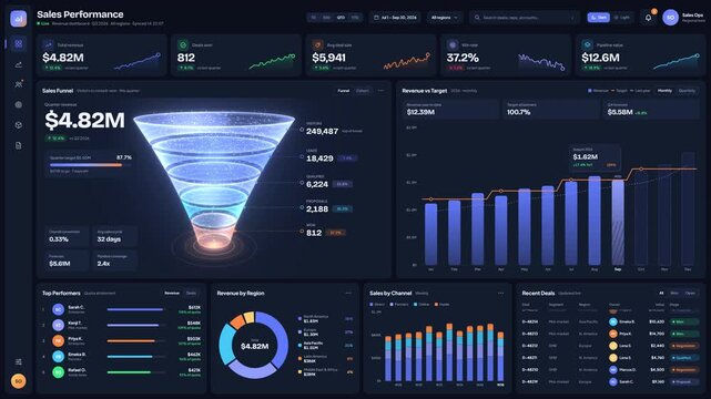 Sales performance analytics dashboard with 3D funnel and charts