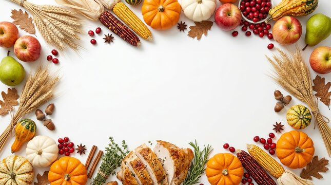 Thanksgiving dinner background with sliced roasted turkey pumpkin and fall vegetables surrounding central white copy space on clean white surface.