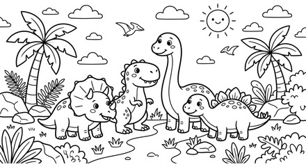 Dinosaurs and tropical plants in a black and white vector illustration © Virtuous
