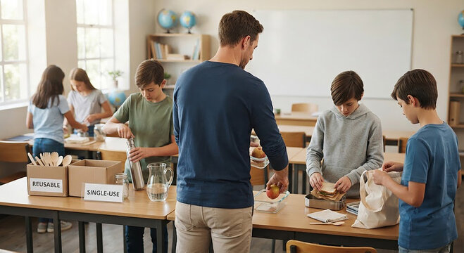 Teacher Guiding Students With Reusable Lunch Containers In Classroom Setting