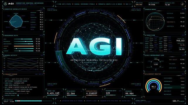 Artificial general intelligence futuristic HUD control interface dashboard