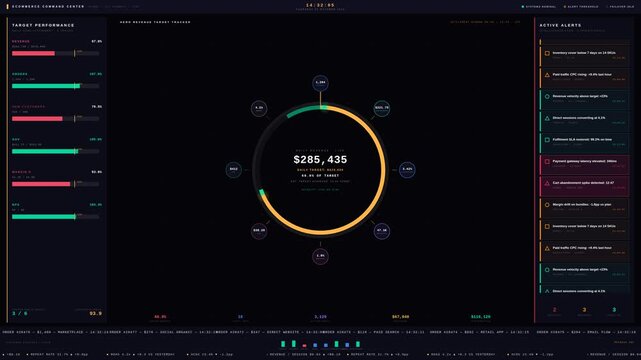 Experience the ultimate executive ecommerce command center featuring live sales targets and performance alerts in a luxurious dark-mode interface with premium aesthetics.