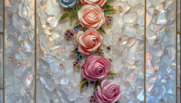 Elegant stained glass panel featuring a vertical arrangement of detailed roses and decorative jewels on a textured, translucent background.