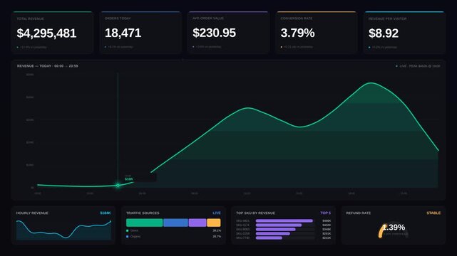 Explore a sophisticated dark-mode ecommerce revenue dashboard featuring sales trends and KPI monitoring with premium motion design and cinematic visuals.