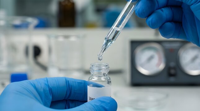 Macro Close-Up of Chemist Hands in Blue Gloves Pipetting Liquid Solution into Glass Sample Vial