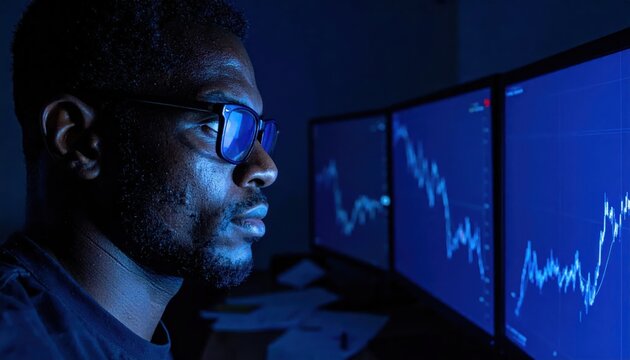 Man analyzing financial data on screens.