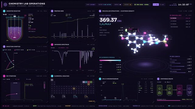 Futuristic chemistry laboratory operations dashboard and molecular model