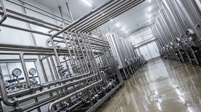 Stainless steel piping food processing facility industrial equipment hygienic production area