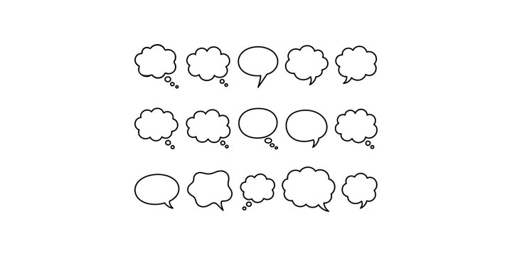 Comic book thought bubbles and speech balloons with black outlines set of various shapes for cartoon dialogue text.
