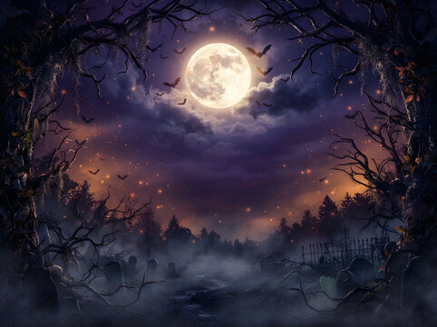 halloween night landscape with moon