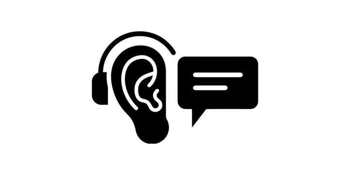 Black ear and speech bubble icon for listening comprehension and audio communication concepts.