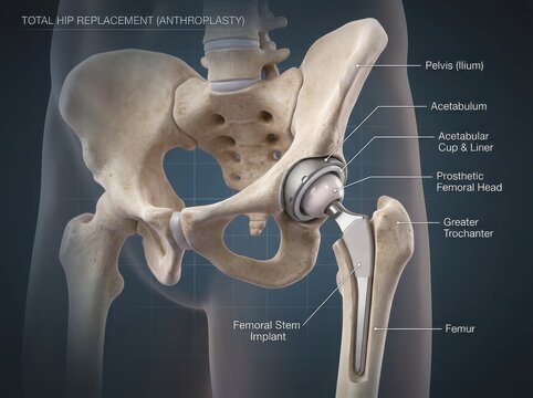 Medical illustration of total hip replacement surgery illustration