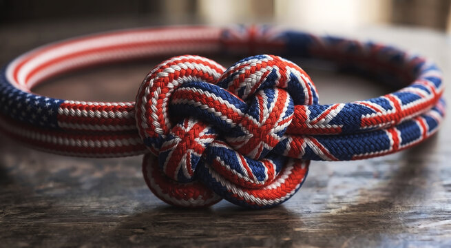 A US and Britain UK flags style a fraying rope with two ends connected in an intricate knot. Symbol of cooperation and coalition. Media news channel image for war, trade, alliances, sanctions.