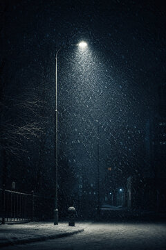 Heavy snowfall illuminating quiet urban street at night