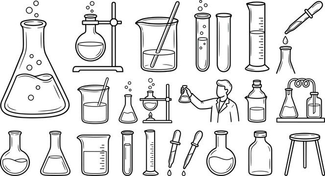 Chemistry laboratory line art vector set of scientist character with beaker flasks test tubes and science experiment equipment